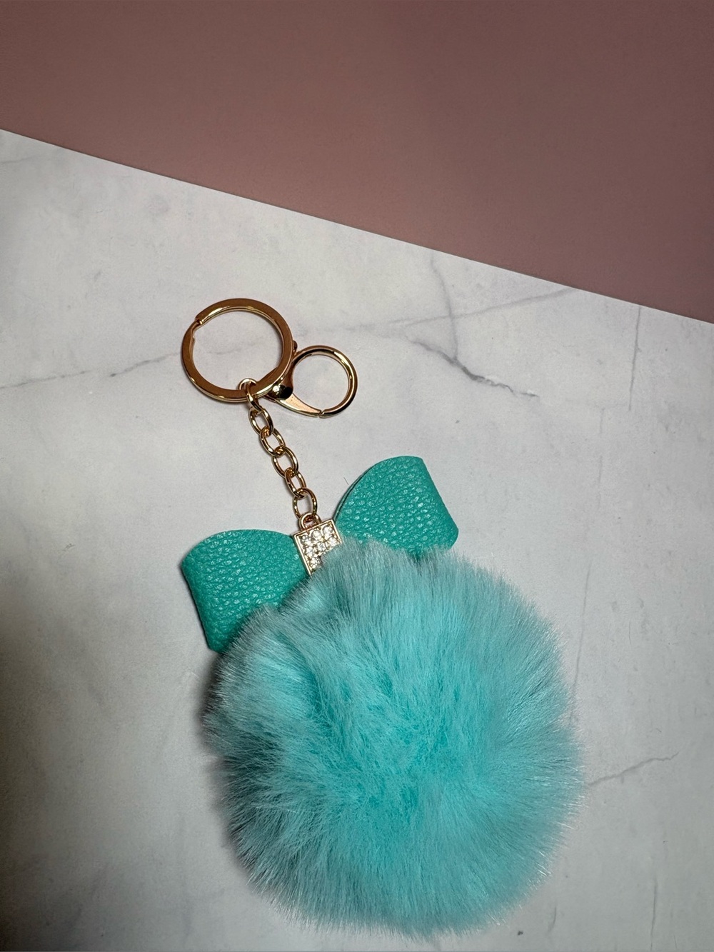 🩵 Teal Fluffy Rhinestone Bow Pom Pom Keychain Bag Charm